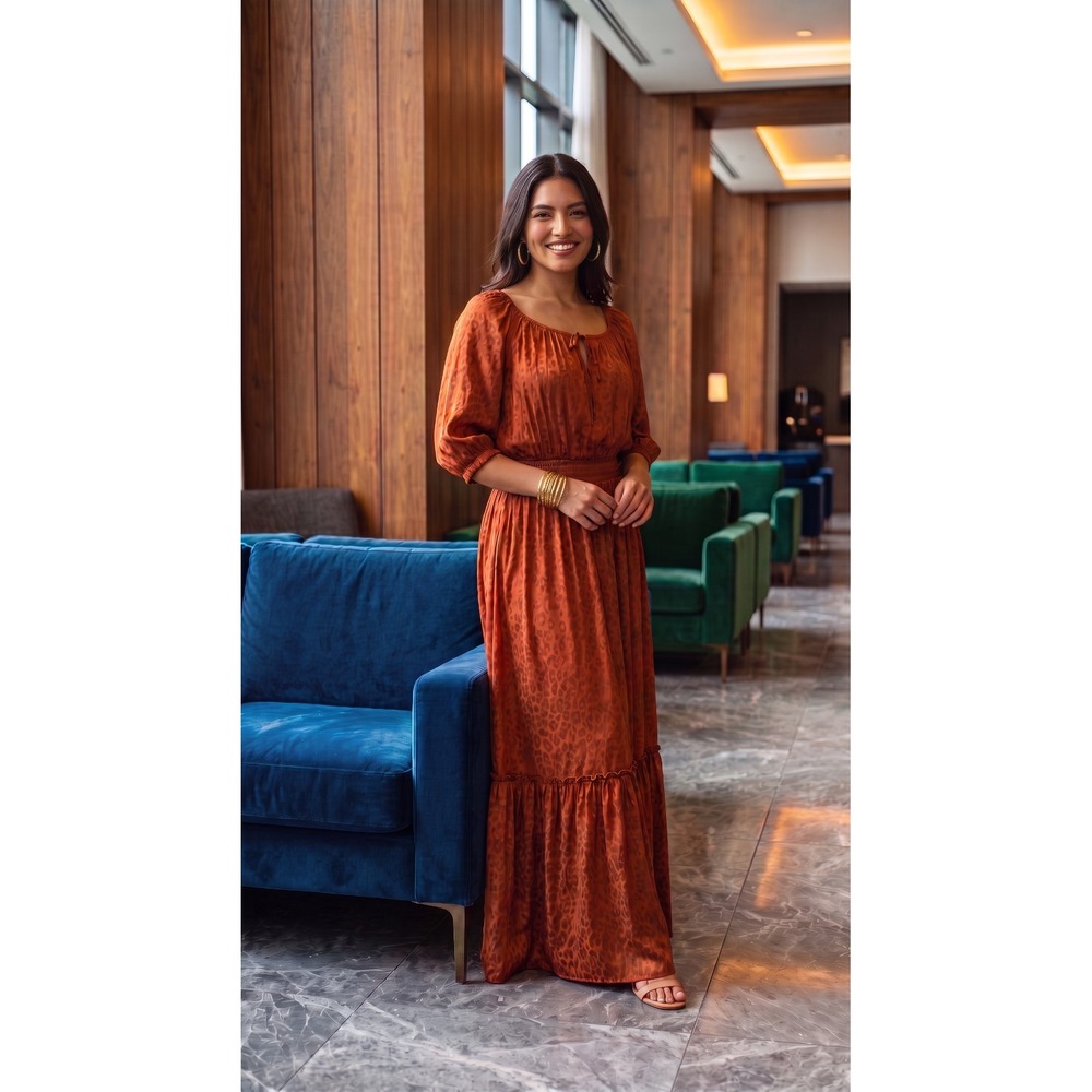 On 34th Womens Burnt Orange Smocked Round Neck Peasant Maxi Dress L Boho Autumn